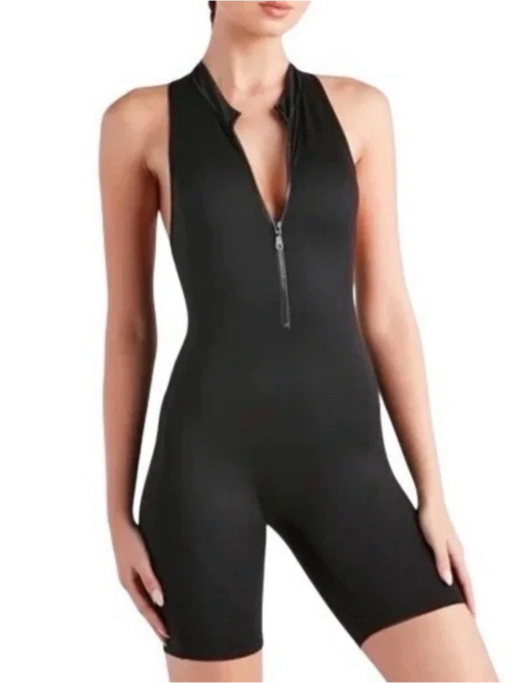 High-Neck Black Sleeveless Zip-Front Active Romper
